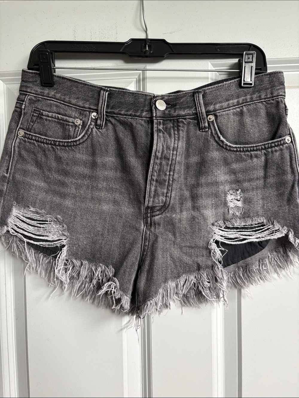 High-Rise Distressed Women's Denim Shorts in Charcoal Gray